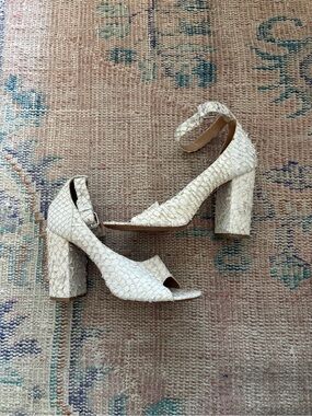 3.1 Phillip Lim Cream Textured Block Heel Sandals with Ankle Strap